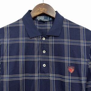 Polo Ralph Lauren Vtg Mens Sz Medium Navy/White Plaid Crest Logo Golf Polo Shirt